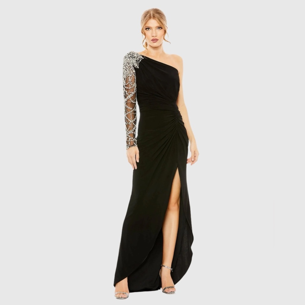 MAC DUGGAL Embellished One Shoulder Long Sleeve Gown